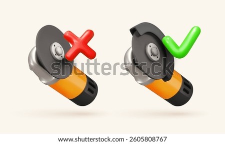 Safe grinder usage concept with correct and incorrect examples. Workplace safety rules for power tools, noise control, and accident prevention. Industrial hazard awareness. 3D vector illustration.