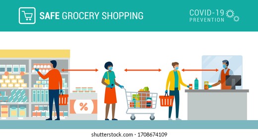 Safe grocery shopping during coronavirus epidemic: people keeping safe distance, wearing face masks and gloves at the supermarket