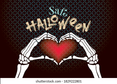 Safe Halloween Comic Creative Concept with Dead Man Skeleton Hands Making Heart Symbol and Logo Lettering - Red Turquoise and White on Dark Bones Background - Vector Mixed Graphic Design