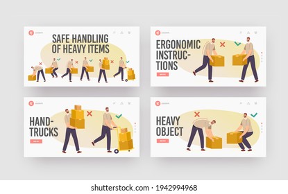 Safe Handling of Heavy Items Landing Page Template Set. Right Wrong Manual Lifting of Goods. Character Carry Boxes Correctly and Improperly Way in Hands and Forklift Cartoon People Vector Illustration