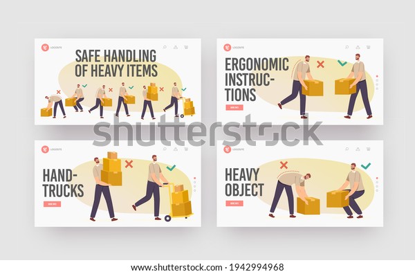 Safe Handling of Heavy Items Landing Page\
Template Set. Right Wrong Manual Lifting of Goods. Character Carry\
Boxes Correctly and Improperly Way in Hands and Forklift Cartoon\
People Vector\
Illustration
