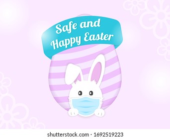 Safe and Happy Easter. Rabbit in a medical mask. Coronavirus Epidemic (2019-nCoV) Easter Egg.
