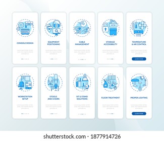 Safe, healthful workplace for workers onboarding mobile app page screen with concepts set. Workstation design walkthrough 5 steps graphic instructions. UI vector template with RGB color illustrations