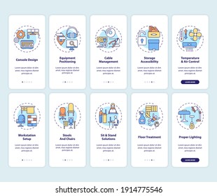 Safe and healthful workplace for workers onboarding mobile app page screen with concepts set. Workspace design walkthrough 5 steps graphic instructions. UI vector template with RGB color illustrations