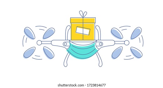 Safe and healthy contactless delivery concept. Drone wearing medical protective mask as metaphor of infection free shipping. Quadcopter delivery service during coronavirus pandemic vector illustration