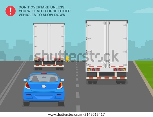 Safe heavy
vehicle driving rules and tips. Do not overtake unless you will not
force other vehicles to slow down. Truck passing another truck.
Flat vector illustration
template.
