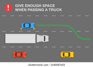 Safe heavy vehicle driving and traffic regulation rules. Semi-trailer overtaking or passing rules on the road. Give enough space when passing a truck. Top view. Flat vector illustration template.