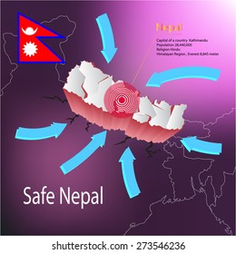 Safe and Help Nepal earthquake Map with highlighted Nepal map and flag