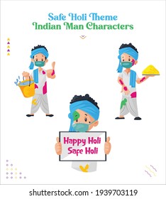 Safe Holi Theme indische Menschen Charaktere. Vektorgrafik. Individuell auf weißem Hintergrund.