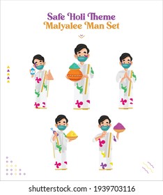 Safe Holi theme Malyalee man set. Vector graphic illustration. Individually on white background. 