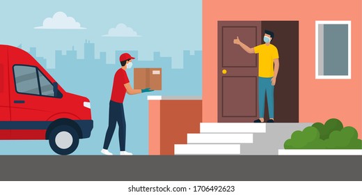 Safe home delivery during coronavirus covid-19 epidemic: man delivering a box to a customer and leaving the box at a safe distance, he is wearing mask and gloves