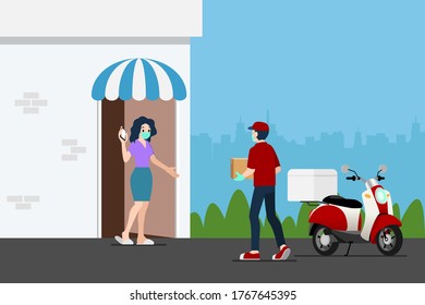 Safe at home delivery during coronavirus covid-19 crisis epidemic. A Man who wear mask and gloves delivering a parcel to a woman customer and leaving the box at a safe distance.