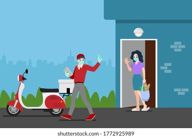 Safe at home delivery during coronavirus covid-19 crisis epidemic. A Man who wear mask and gloves delivering a product or goods to a woman customer and leaving them at a safe distance place.