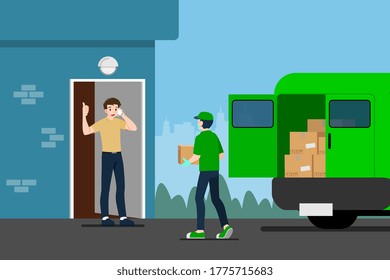 Safe at home delivery during coronavirus covid-19 crisis epidemic. A Man who wear mask and gloves delivering a parcel to a man customer and leaving the box at a safe distance.