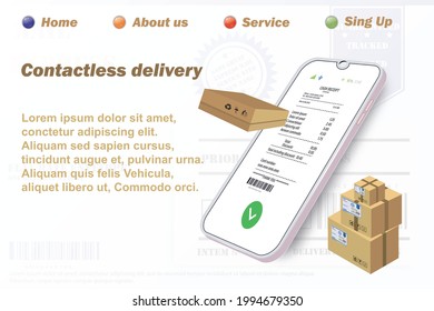 Safe home delivery during the covid-19 coronavirus epidemic: a smartphone with a payment receipt on the background of goods in a cardboard package. Illustration of the website