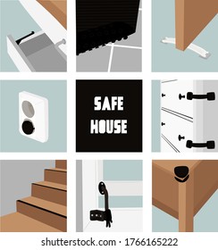 Safe home. Various devices for the safety of children and animals at home. Door and window clamps, anti-slip tape and mat, drawer stopper, plug. Nice vector flat illustration in cartoon style.