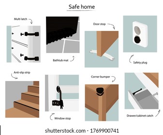 Safe home. Various devices for the safety of children and animals at home. Door and window clamps, anti-slip tape and mat, drawer stopper, plug. Nice vector flat illustration in cartoon style.