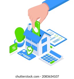 Safe house buying concept. Vector illustration in isometric style on white background.