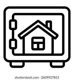 Safe with house inside line icon, housing market concept. Vector graphics. Secure bank deposit box for building sign on white background, style mobile or design