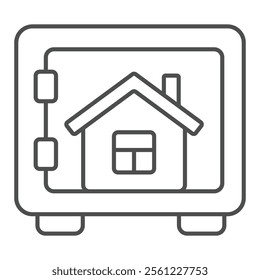 Safe with house inside thin line icon, housing market concept. Vector graphics. Secure bank deposit box for building sign on white background, outline style icon for mobile or web design