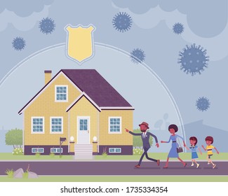 Safe house, stay home, self-isolate for black family protection. Parents and children running in quarantine, distancing to prevent spread of viruses, infections. Vector flat style cartoon illustration