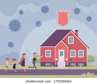 Safe house, stay home, self-isolate for family protection. Parents, children running to protect, quarantine, distancing to prevent spread of viruses, infections. Vector flat style cartoon illustration