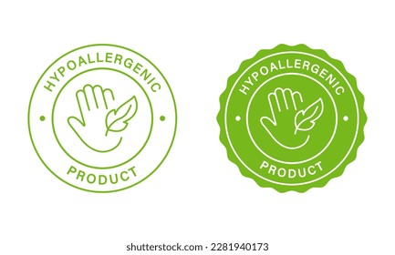 Safe Hypoallergenic Product Stamps Set. Green Label For Hypoallergenic Safe Cosmetics. Allergen Free Stickers. Hand And Feather Icon. Approved Hypoallergenic Material. Isolated Vector Illustration.