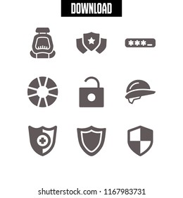 safe icon. 9 safe vector set. shield, password, life preserver and safety seat icons for web and design about safe theme