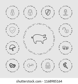 Safe icon. collection of 13 safe outline icons such as key, welding glasses, shield, helmet, pig, lock. editable safe icons for web and mobile.