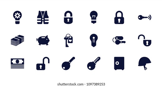 Safe icon. collection of 18 safe filled icons such as money box, helmet, money, life vest, key, lock, open lock, keyhole, gear keyhole. editable safe icons for web and mobile.