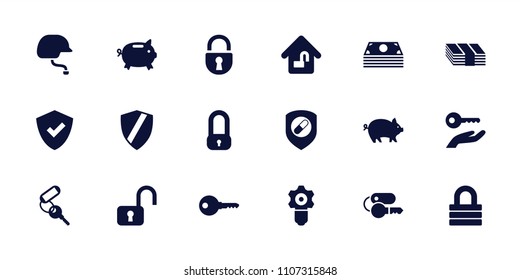 Safe icon. collection of 18 safe filled icons such as pig, key, lock, money box, shield, home lock, key on hand, money, open lock. editable safe icons for web and mobile.