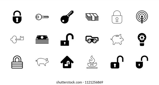 Safe icon. collection of 18 safe filled and outline icons such as lock, home lock, money, open lock, key, welding glasses. editable safe icons for web and mobile.