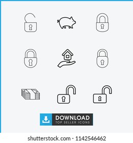Safe icon. collection of 9 safe outline icons such as pig, open lock, opened lock, house insurance, lock. editable safe icons for web and mobile.
