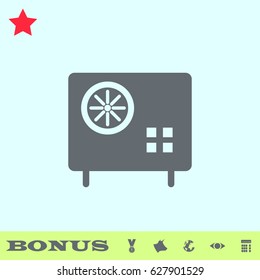 Safe icon flat. Grey pictogram on blue background. Vector illustration symbol and bonus buttons medal, cow, earth, eye, calculator