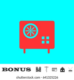 Safe icon flat. Red pictogram on blue background. Vector illustration symbol and bonus buttons Music center, corkscrew, credit card, house, drum
