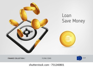 Safe icon with flying Euro coins coins, finance concept. Vector illustration for print, websites, web design, mobile app, infographics.