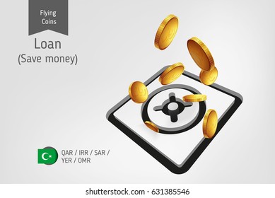 Safe icon with flying islamic rial coins, finance concept.