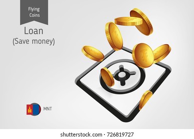 Safe icon with flying Mongolian Tughrik coins, finance concept. Vector illustration for print, websites, web design, mobile app, infographics.