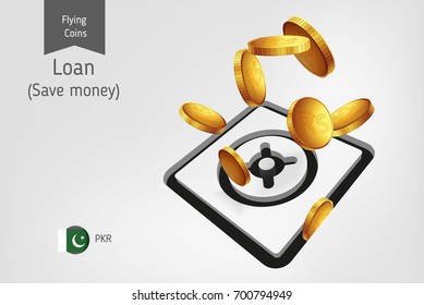Safe icon with flying Pakistani Rupee coins, finance concept.