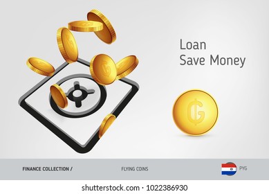 Safe icon with flying Paraguayan Guarani coins, finance concept. Vector illustration for print, websites, web design, mobile app, infographics.