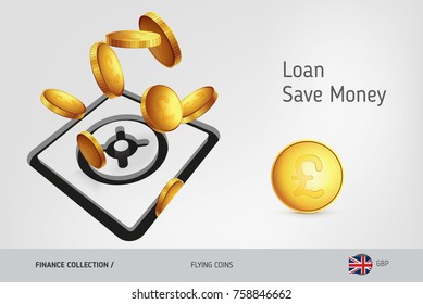 Safe icon with flying Pound Sterling coins, finance concept. Vector illustration for print, websites, web design, mobile app, infographics.