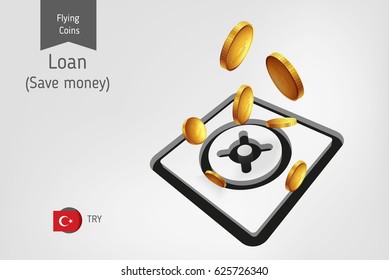 Safe icon with flying turkish lira coins, finance concept.