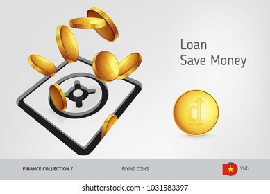 Safe icon with flying Vietnamese Dong coins, finance concept. Vector illustration for print, websites, web design, mobile app, infographics.