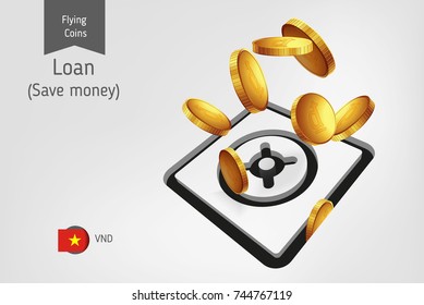 Safe icon with flying Vietnamese Dong coins, finance concept. Vector illustration for print, websites, web design, mobile app, infographics.