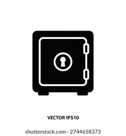 Safe icon with a keyhole, representing security, storage, valuables, and protection. Simple black and white vector graphic.