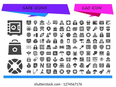  safe icon set. 120 filled safe icons. Simple modern icons about  - Safebox, Lifesaver, Charcoal, Padlock, Bank, Anchor, Https, Bodyguard, Unlocked, Money, Stun gun, Billfold