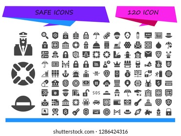  safe icon set. 120 filled safe icons. Simple modern icons about  - Security, Hat, Lifesaver, Virus search, Shield, Charcoal, Vest, Lock, Umbrella, Safety glasses, Parachute, Safety pin