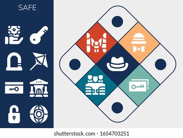 safe icon set. 13 filled safe icons.  Simple modern icons such as: Hat, Unlock, Shield, Key, Bank, Lock, Umbrella, Money, Door key, Family, Bulletproof vest
