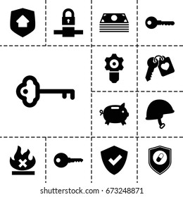 Safe icon. set of 13 filled safeicons such as key, no fire, heart key, helmet, health insurance, home security, gear keyhole, money box, shield, money