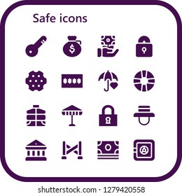  safe icon set. 16 filled safe icons. Simple modern icons about  - Door key, Dollar, Money, Padlock, Revolver, Password, Umbrella, Lifesaver, Vest, Lock, Hat, Bank, Police line